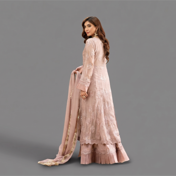 Manahil Embroidered Rose Gold 3-Piece Festive Organza Sharara Set