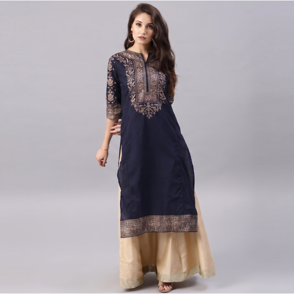 Women’s Navy Blue Printed Kurti with Beige Flared Lehenga