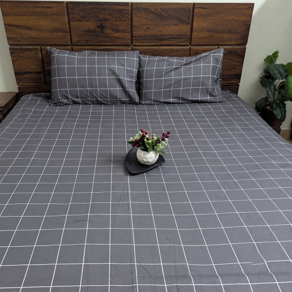 Charcoal Grid  Cotton Double Bedsheet With Pillow Set