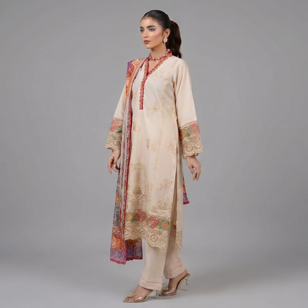 Beige Floral Embroidered Lawn Coordinate Set