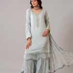 Powder Blue Embellished Kurta with Matching Sharara and Dupatta Set