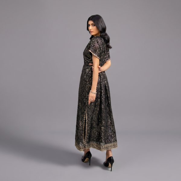 Manahil Embellished Metallic Black Kaftan Maxi Dress
