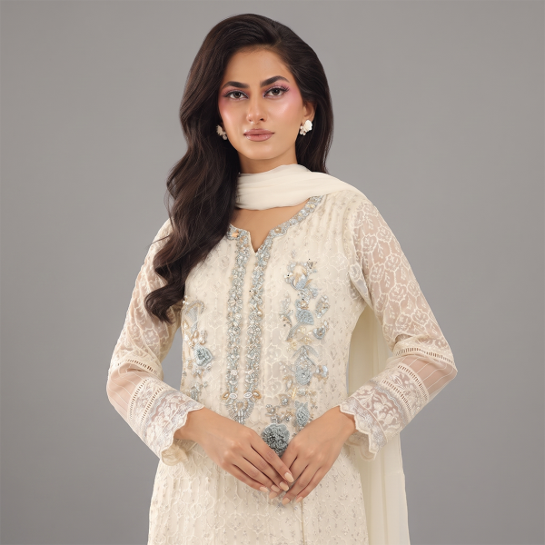 Ivory Chikankari Anarkali Suit with Embroidered