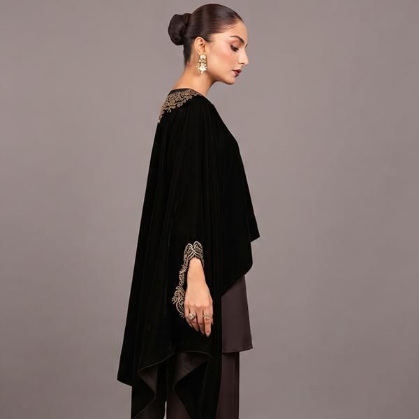 Opulent Black Embroidered Cape Set