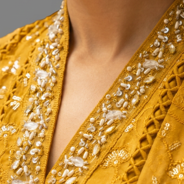 Mustard Yellow Minimalist Embroidered Organza Co-ord Set