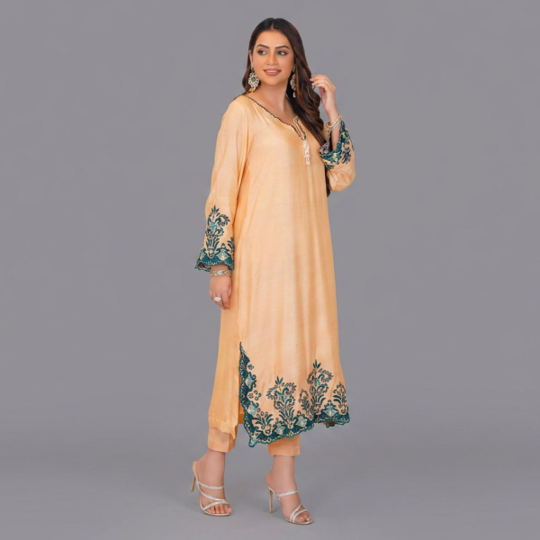 Peach Nectar Silk Tunic with Teal Botanical Embroidery