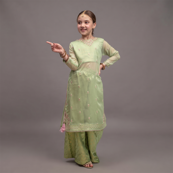 Green Embroidered Girls' Kurta & Palazzo Set