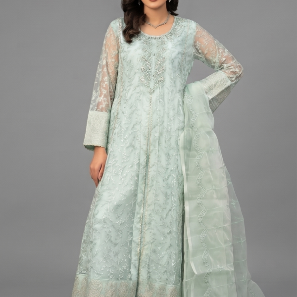 Mint Green Minimalist Embroidered Organza Co-ord Set