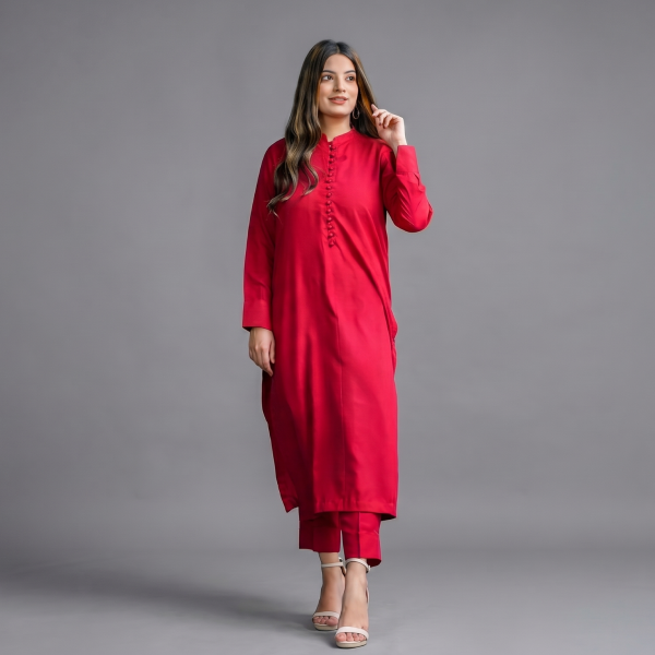 Women's Solid Red Traditional Kurta and Trouser Set