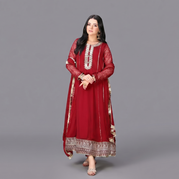 Crimson Red Heavily Embroidered Anarkali Suit Set
