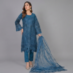 Teal Monochrome Embroidered Organza Coordinate Set