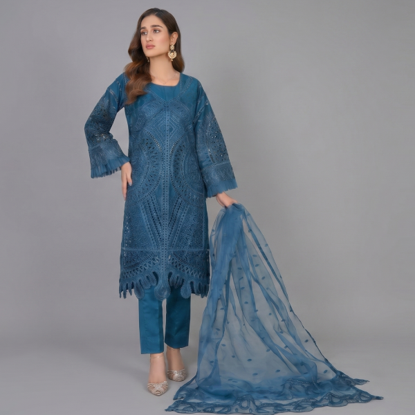 Teal Monochrome Embroidered Organza Coordinate Set