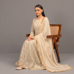 Manahil Shimmering Champagne Gold 3-Piece Festive Sequin Gown Set