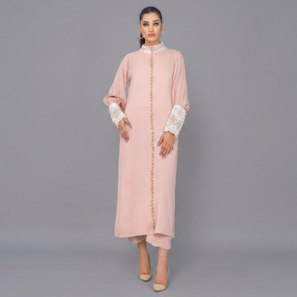 Soft Blush Rose Long Tunic with Lace Accents and Potli Buttons