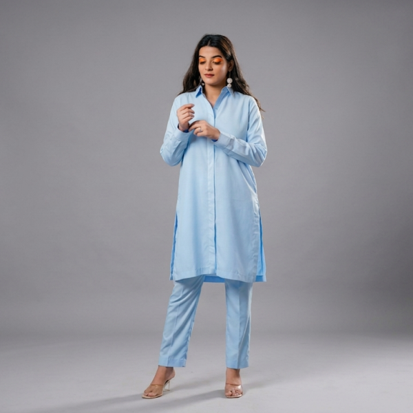 Elegant Sky Blue Cotton-Satin Co-Ord Set