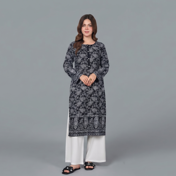 Black and White Floral Printed Kurta with Contrast Wide-Leg Palazzo Pants Set