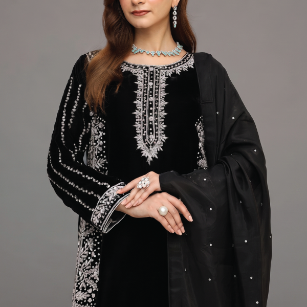 Onyx Elegance Velvet Embroidered 3-Piece Suit