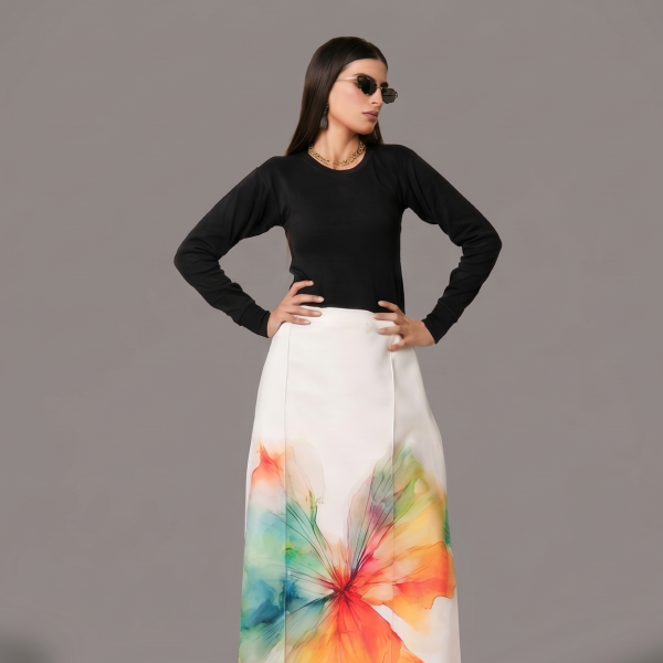 Chromatic Bloom Contrast Maxi Dress with Watercolor Floral Skirt