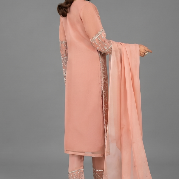 Dusty Peach Embellished Kurta with Matching Trousers