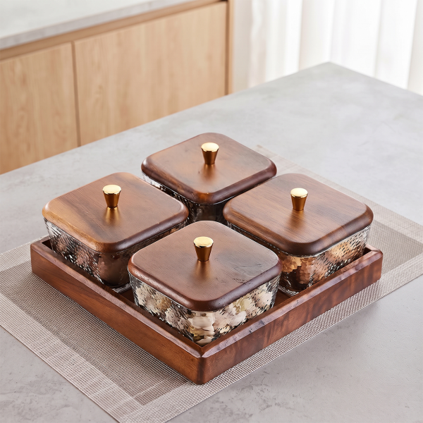 Walnut Fruit Plate Snack Storage Box Light Luxury High-end Glass Dried Fruit Plate