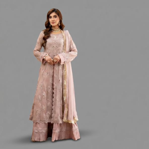 Manahil Embroidered Rose Gold 3-Piece Festive Organza Sharara Set