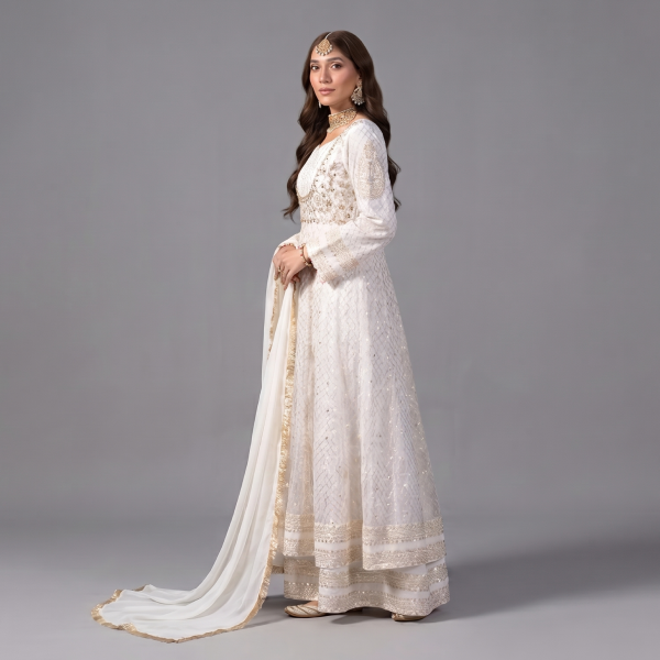 Radiant Ivory and Gold Embellished Anarkali Set