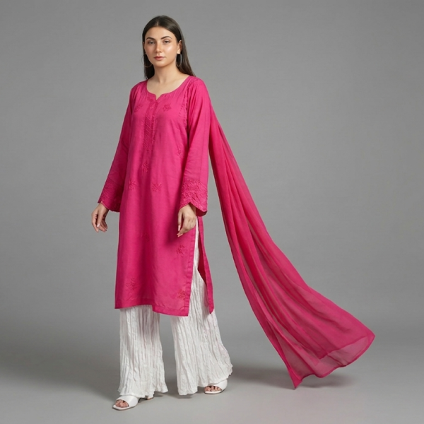 Pink Silk Kurta Set with Pleated White Sharara and Dupatta