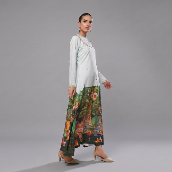 Ice Blue Digital Printed Mughal Scenery Silk Kaftan
