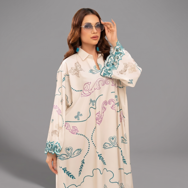 Ivory Serenade Printed Kaftan Maxi with Scalloped Cutouts