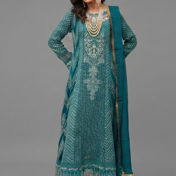 Teal Minimalist Embroidered Organza Co-ord Set