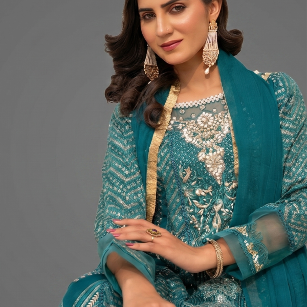 Teal Minimalist Embroidered Organza Co-ord Set