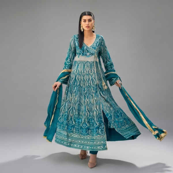 Embellished Teal Angrakha Set