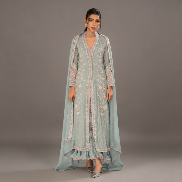 Embroidered Sage Green Open Jacket