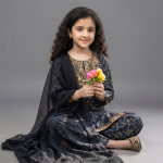 Navy Gold Embroidered Girls Suit