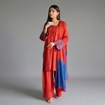 Elegant Rust-Orange Embroidered Co-ord Set with Contrast Blue Dupatta