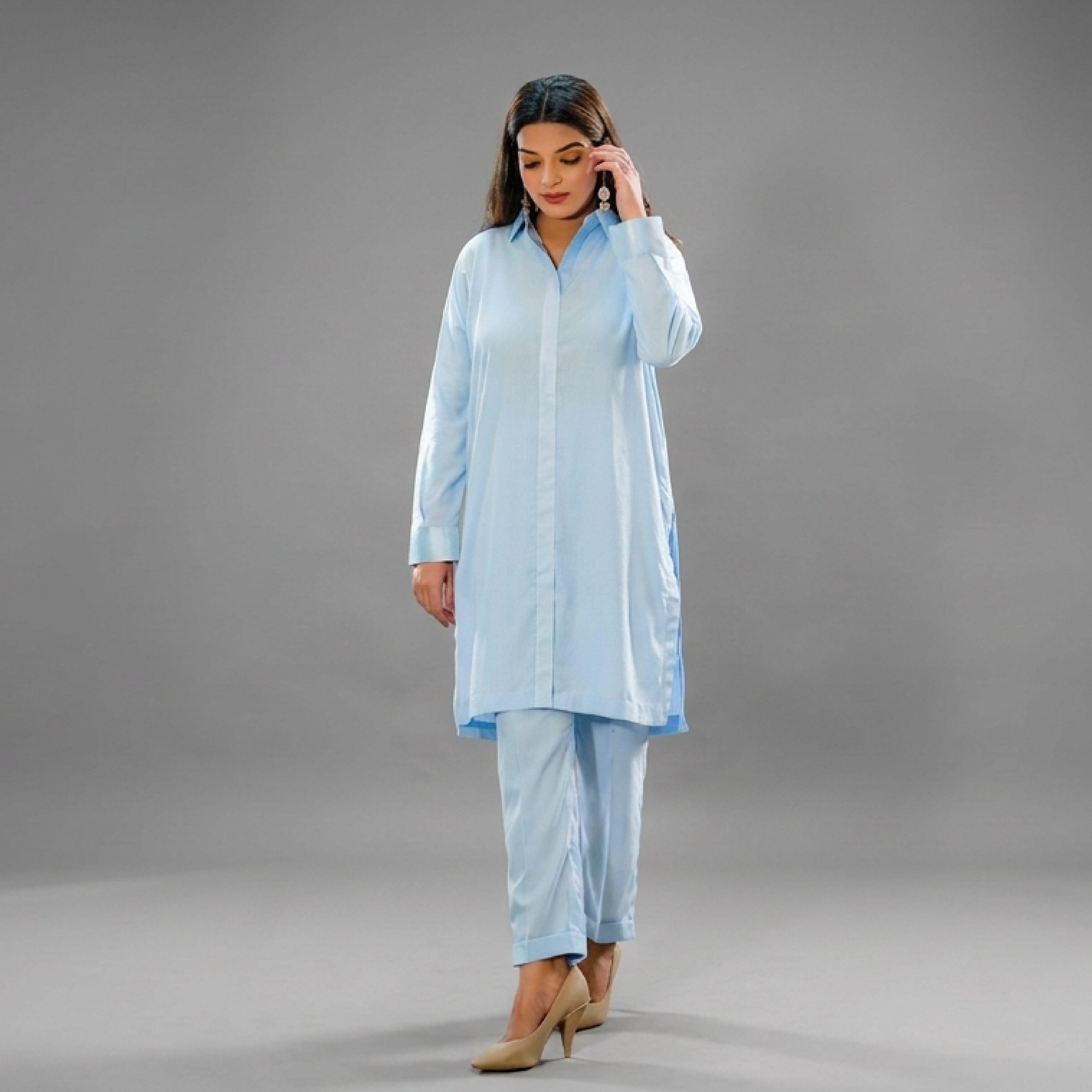 Elegant Sky Blue Cotton-Satin Co-Ord Set