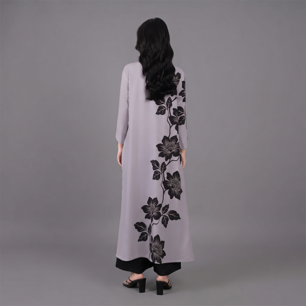 Elegant Lavender Floral Shift Dress with Black Trousers