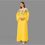 Sunshine Yellow Kaftan-Maxi with Sheer Floral Embroidered Yoke