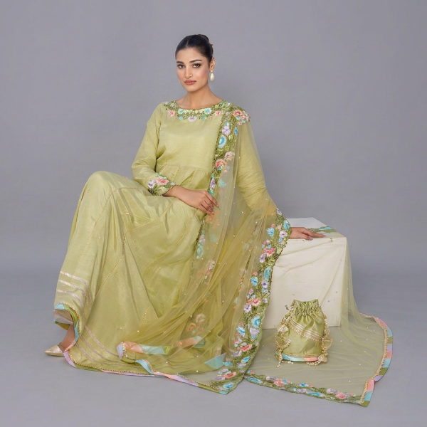 Ethereal Pistachio Green Anarkali Set with Pastel Floral Appliqué