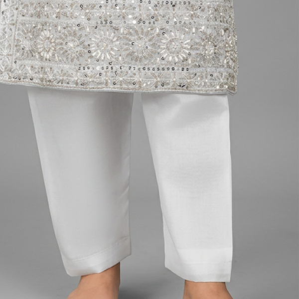 Pure White Embellished Kurta with Matching Trousers