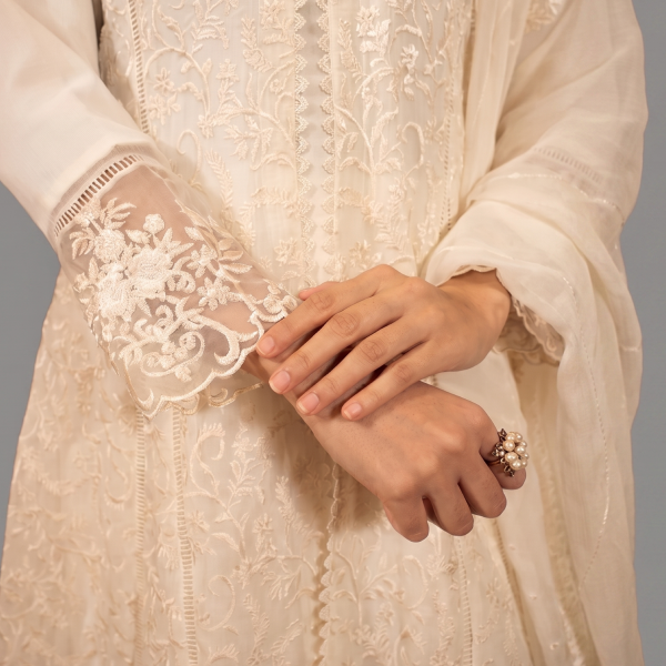 Manahil Embroidered Off-White 3-Piece Chikankari Festive Suit