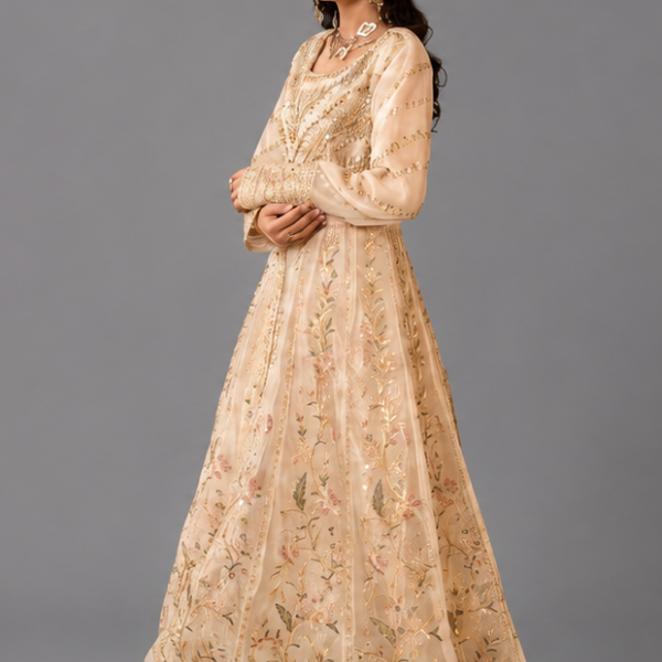 Gold Minimalist Embellished Organza Anarkali Set