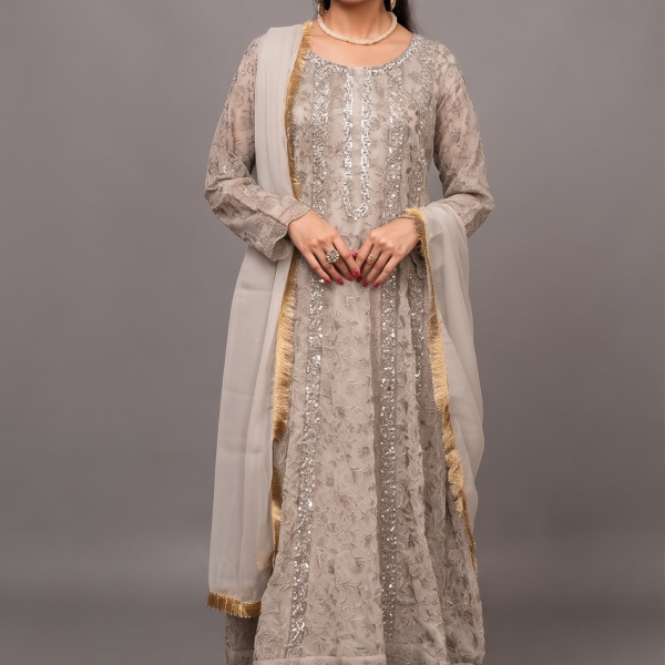 Silver Mist Embroidered Anarkali with Chiffon Dupatta