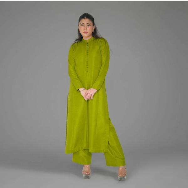 Lime Green Co-ord Set with Minimalist Button-Down Detail
