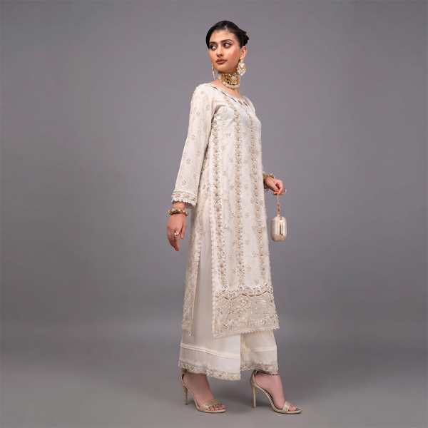 Ivory Embroidered Net Kurta with Palazzo