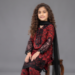 Crimson Red & Black Embroidered Girls’ 3-Piece Suit