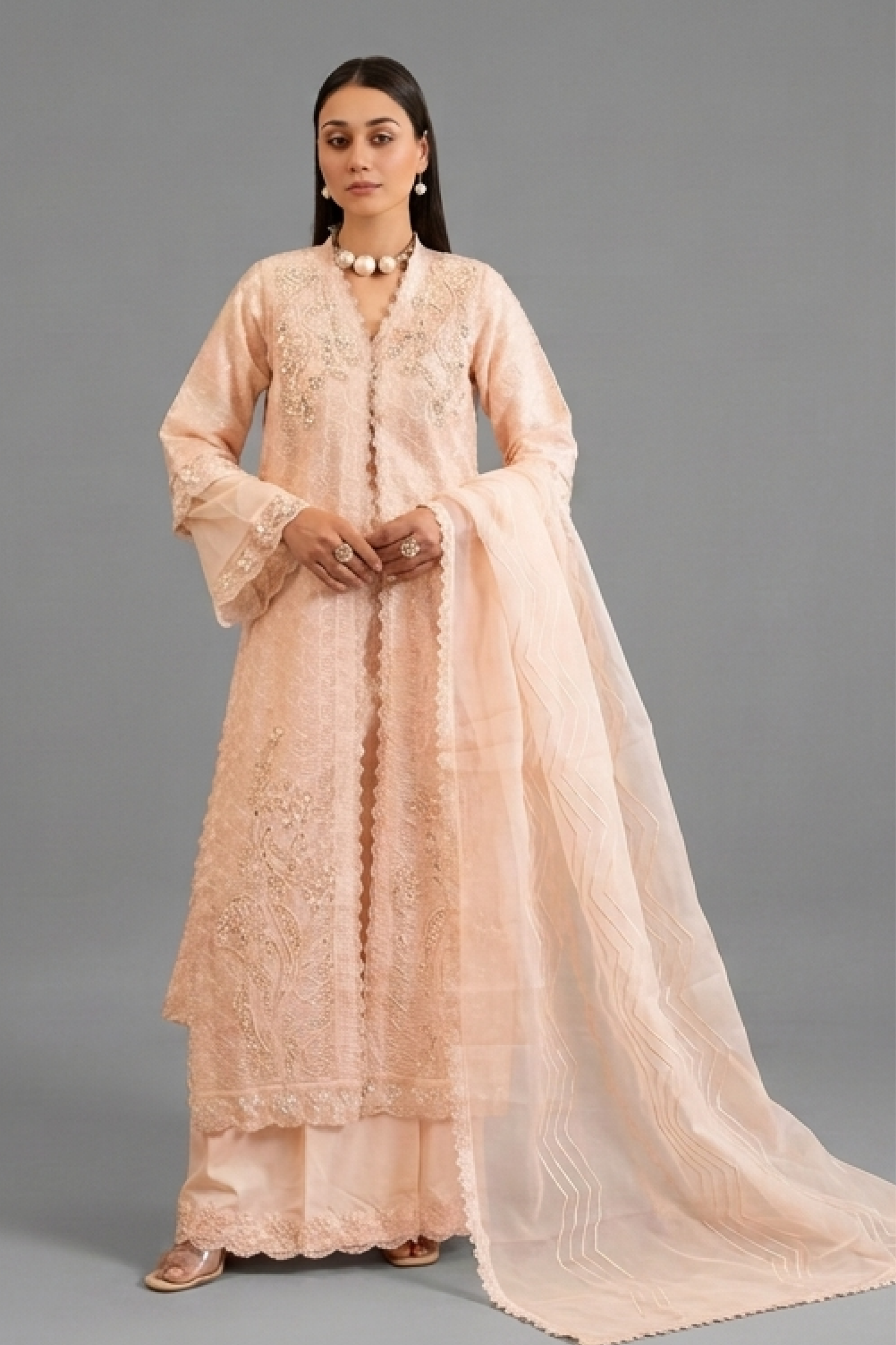 Peach Organza Embellished Kurta with Wide-Leg Trousers and Dupatta Set