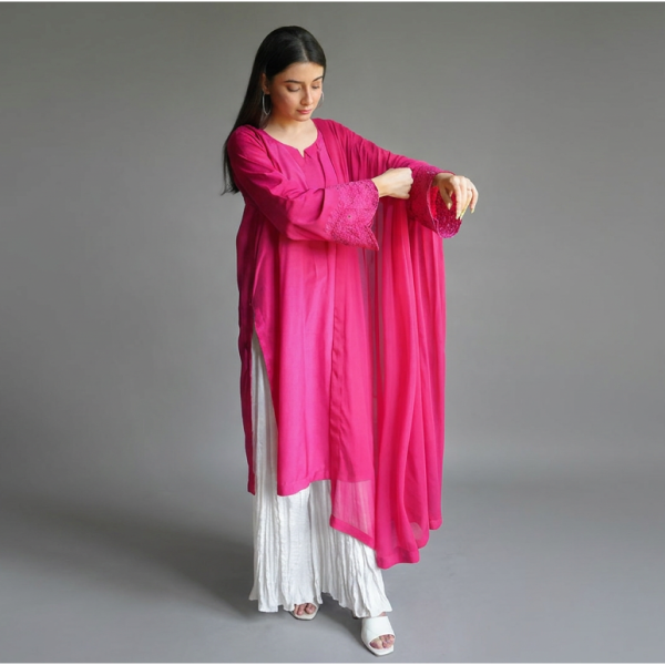 Pink Silk Kurta Set with Pleated White Sharara and Dupatta