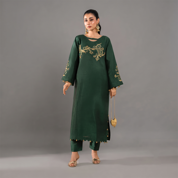 Dark Green Embroidered Silk Suit