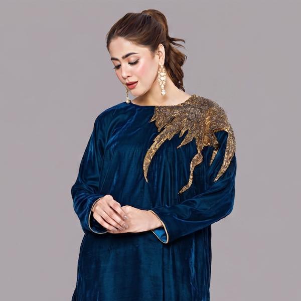 Royal Teal Velvet Tunic Set with Ornate Gold Wing Embroidery